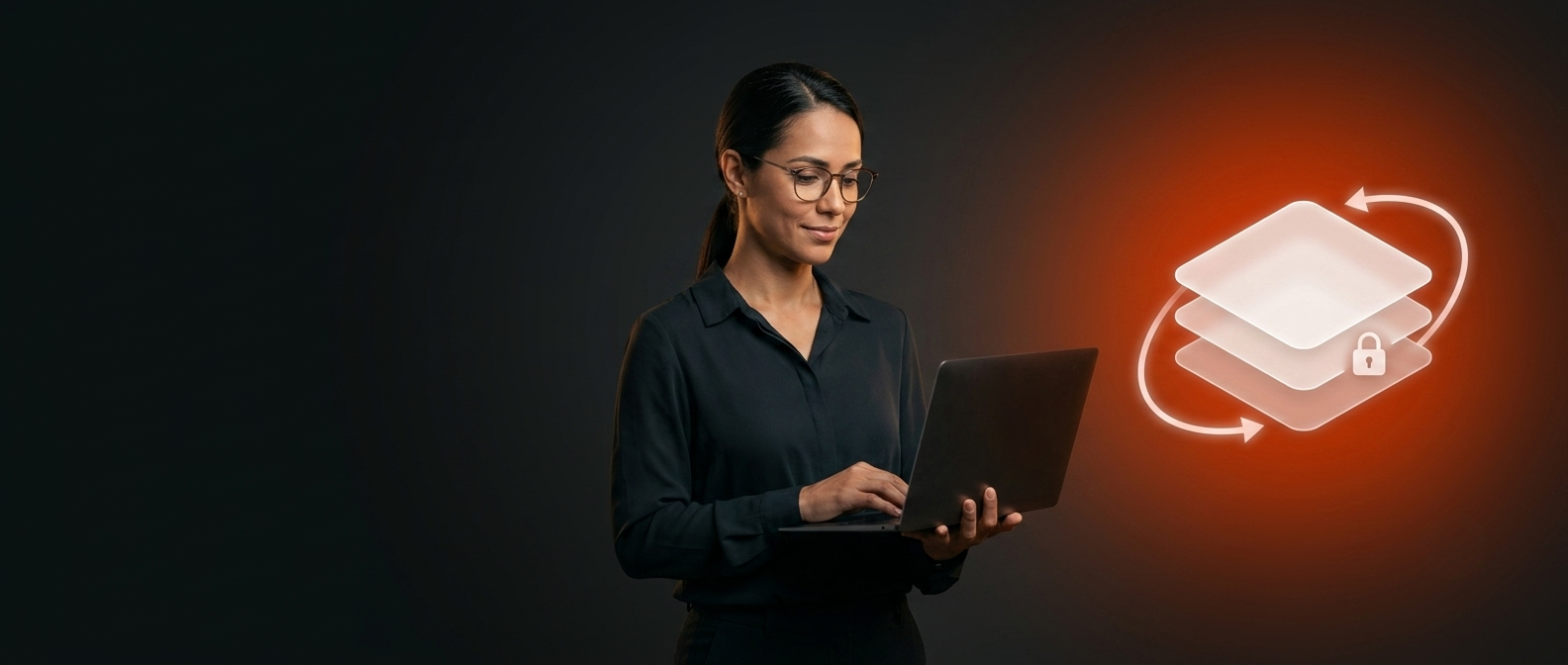 Mulher de óculos usando um notebook ao lado de um ícone luminoso de camadas empilhadas com setas circulares e um cadeado, sobre fundo escuro."