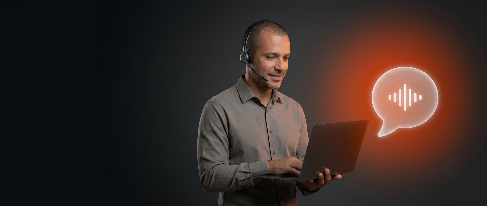 Homem com fone de ouvido e microfone usando um notebook ao lado de um balão de fala com ondas sonoras, sobre fundo escuro.