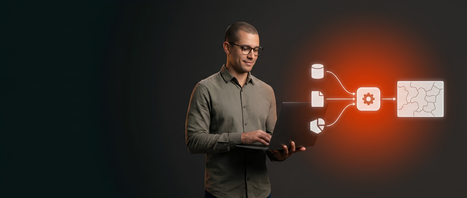 Homem de óculos usando um notebook ao lado de um diagrama luminoso de mapa, sobre fundo escuro.