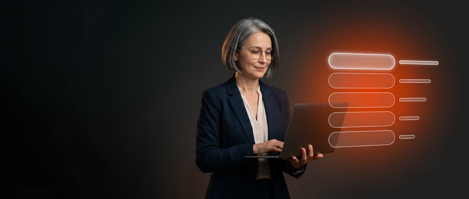 Mulher de blazer usando um notebook ao lado de barras luminosas de tamanhos diferentes, como uma classificação, sobre fundo escuro.