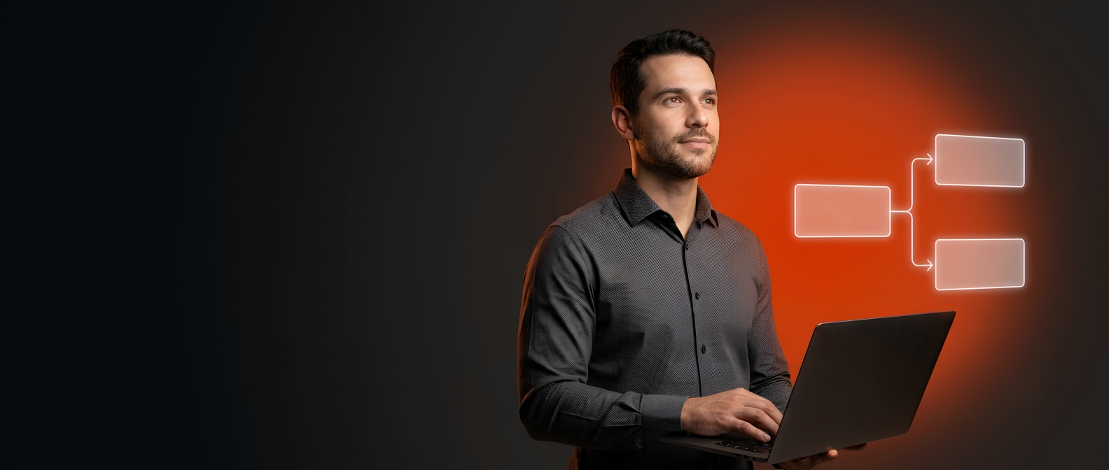 Homem de camisa usando um notebook ao lado de um diagrama luminoso de fluxo com blocos conectados, sobre fundo escuro.