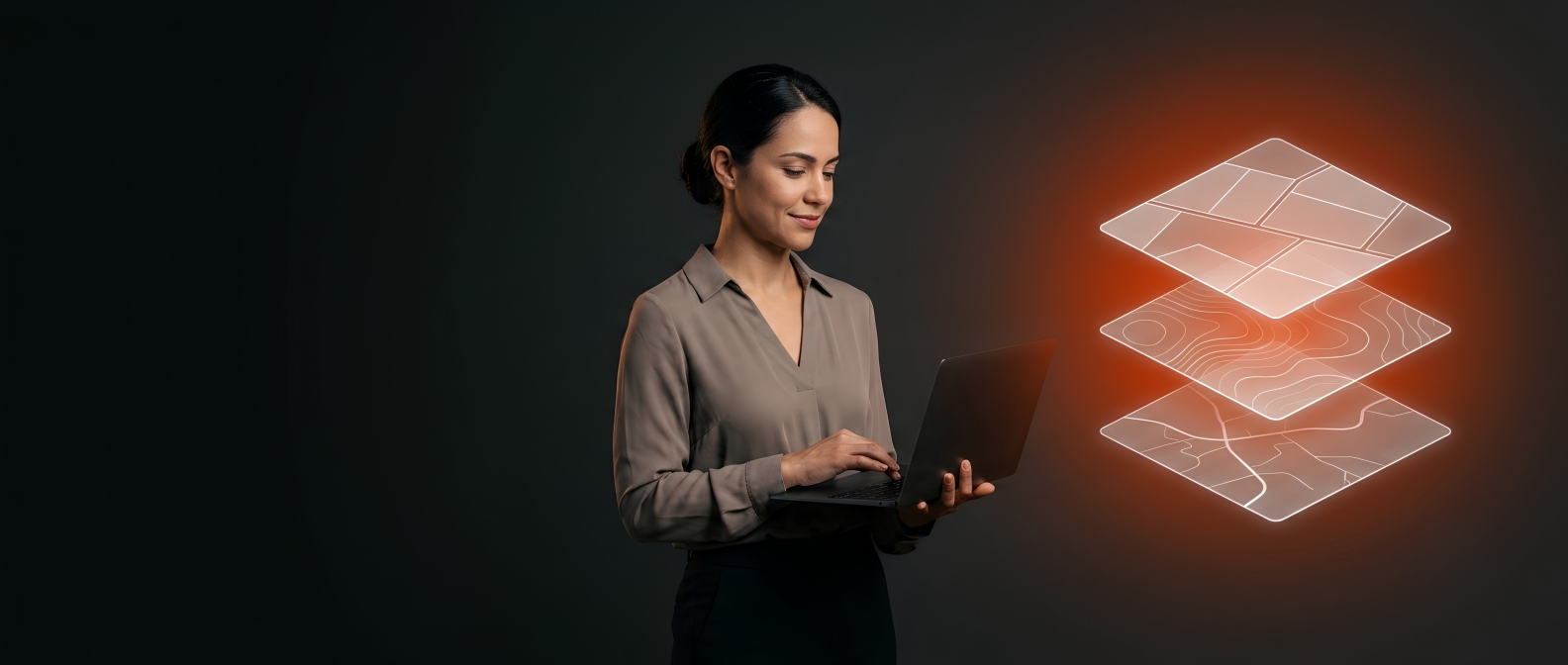 Mulher de blusa social usando um notebook ao lado de um ícone luminoso de camadas de mapa empilhadas, sobre fundo escuro