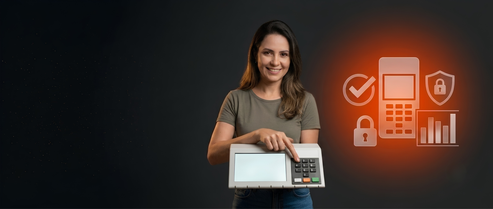 Mulher sorridente segurando uma urna eletrônica, ao lado de ícones de cadeado, verificação e segurança, sobre fundo escuro.