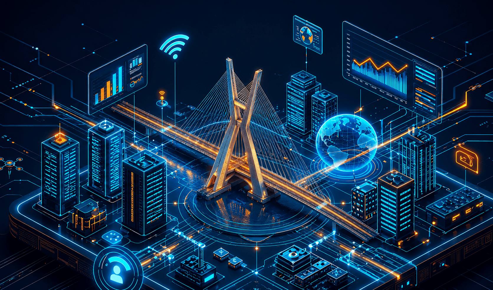 Ponte estaiada futurista em dourado e azul com elementos de tecnologia.